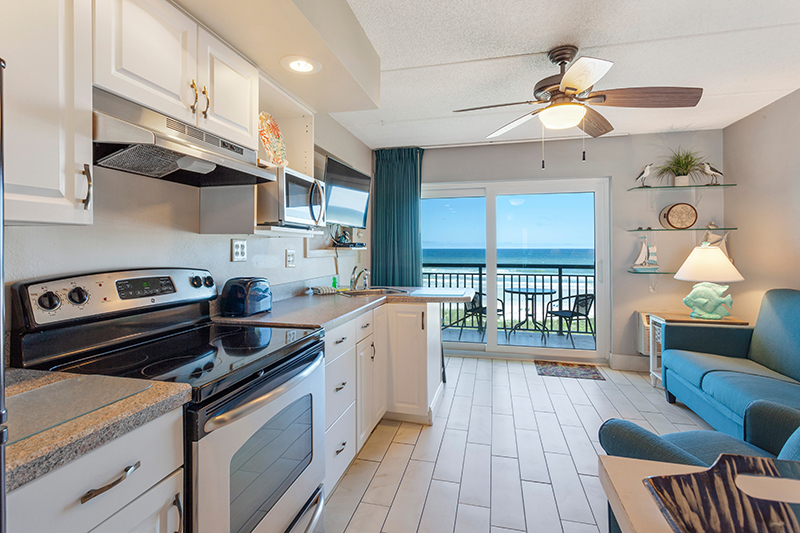 Crescent Beach, FL USA - February 24 2021: Kitchen in an oceanfront vacation rental condo